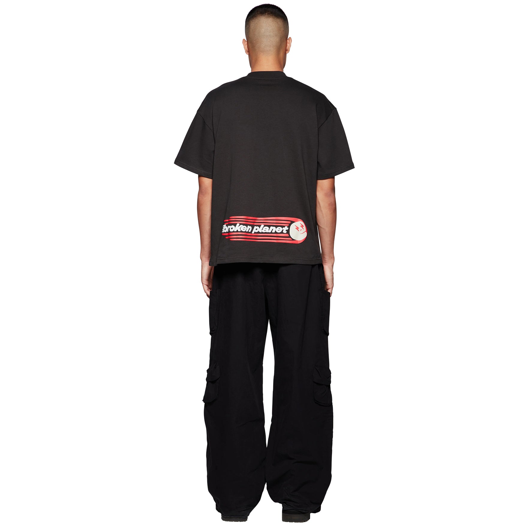 Model back view of Broken Planet The Future Is Here Midnight Black T Shirt BP-TFIH-TS-S_BLACK